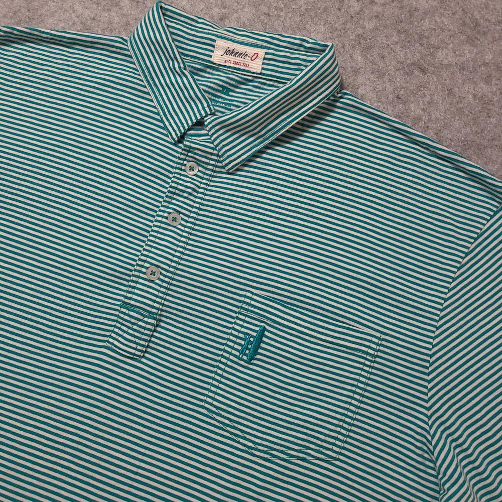 Johnnie-O Polo Shirt Mens L Green Striped Cotton Short Sleeve‎ Pocket